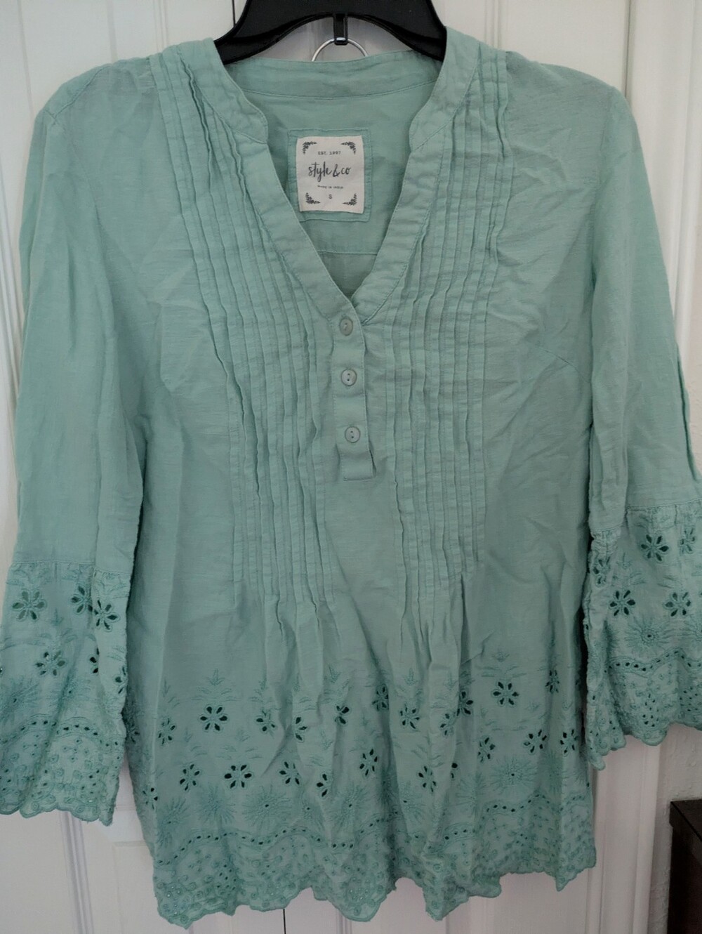 Green Eyelet Bell Sleeve Blouse